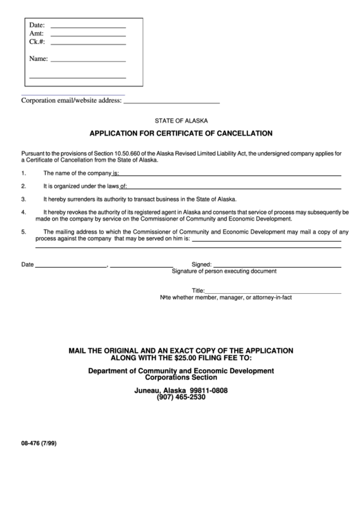 Fillable Form 08-476 - Application For Certificate Of Cancellation - Alaska Department Of Community And Economic Development Printable pdf