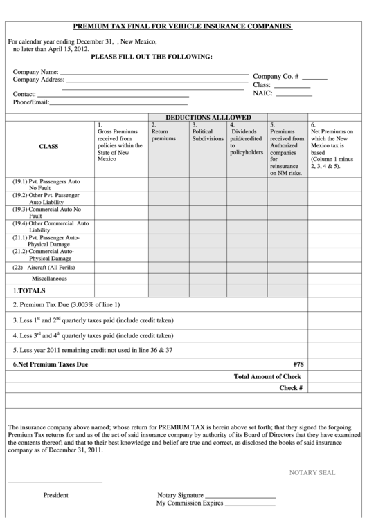 Fillable Form 303 - Premium Tax Final For Vehicle Insurance Companies - 2011 Printable pdf