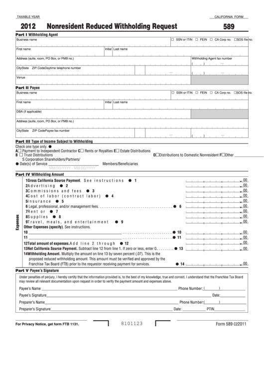 Fillable California Form 589 - Nonresident Reduced Withholding Request - 2012 Printable pdf