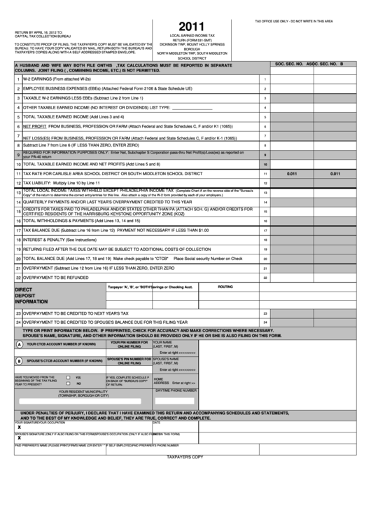 Form 531-Smt - Local Earned Income Tax Return - 2011 Printable pdf