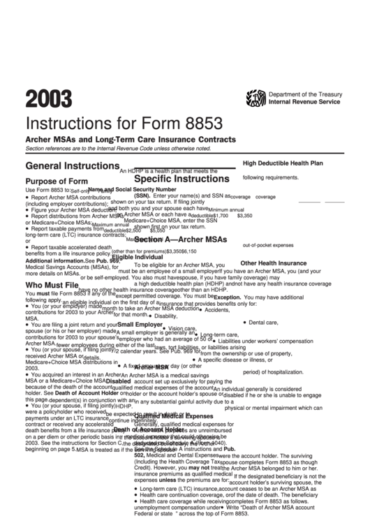 Instructions For Form 8853 - Archer Msas And Long-Term Care Insurance Contracts - 2003 Printable pdf