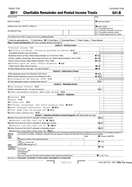California Form 541-B - Charitable Remainder And Pooled Income Trusts - 2011 Printable pdf
