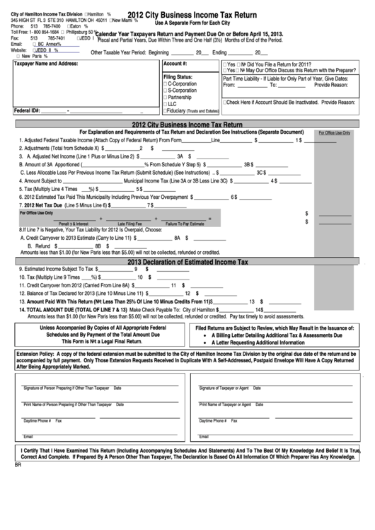 City Business Income Tax Return Form - City Of Hamilton - 2012 Printable pdf