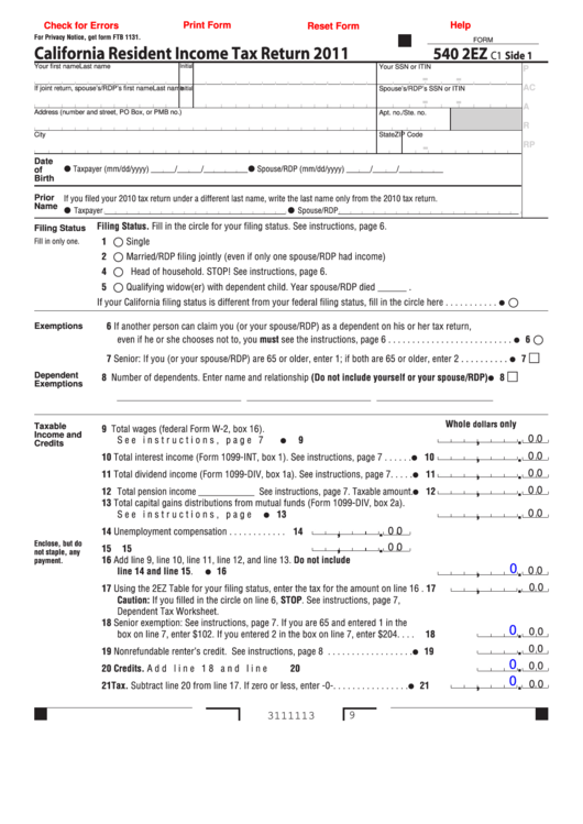 Fillable Form 540 2ez - California Resident Income Tax Return - 2011 Printable pdf