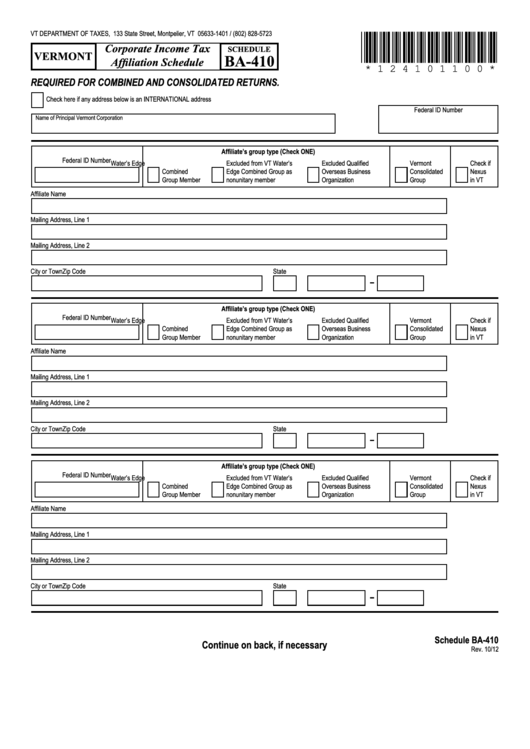 Schedule Ba-410 - Corporate Income Tax Affiliation Schedule - 2012 Printable pdf
