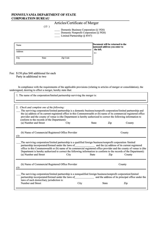 Articles/certificate Of Merger - Pennsylvania Department Of State Printable pdf