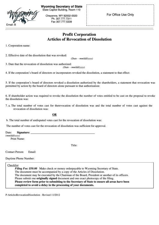 Fillable Form P - Articles Of Revocation Of Dissolution For A Profit Corporation - Wyoming Secretary Of State Printable pdf