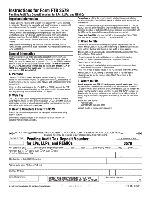 California Form 3579 - Pending Audit Tax Deposit Voucher For Lps, Llps, And Remics - 2011 Printable pdf