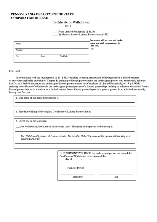 Certificate Of Withdrawal - Pennsylvania Department Of State Printable pdf