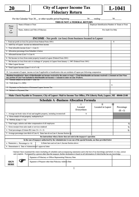 Form L-1041 - City Of Lapeer Income Tax Fiduciary Return Printable pdf