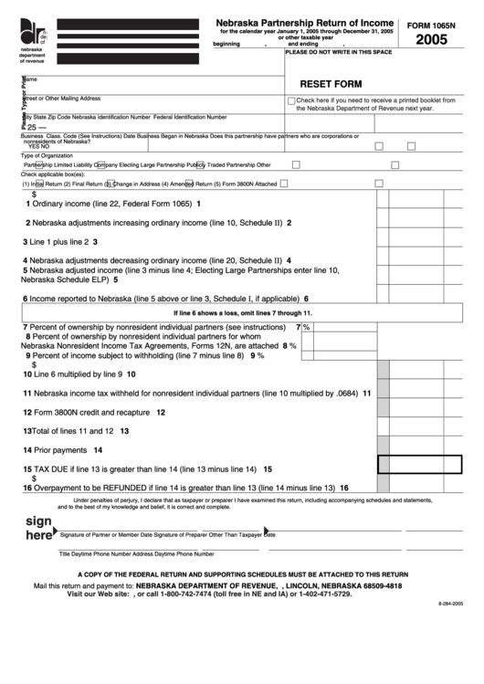 Fillable Form 1065n - Nebraska Partnership Return Of Income - 2005 Printable pdf