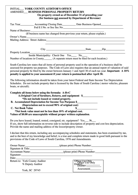 Business Personal Property Return - York County Printable pdf