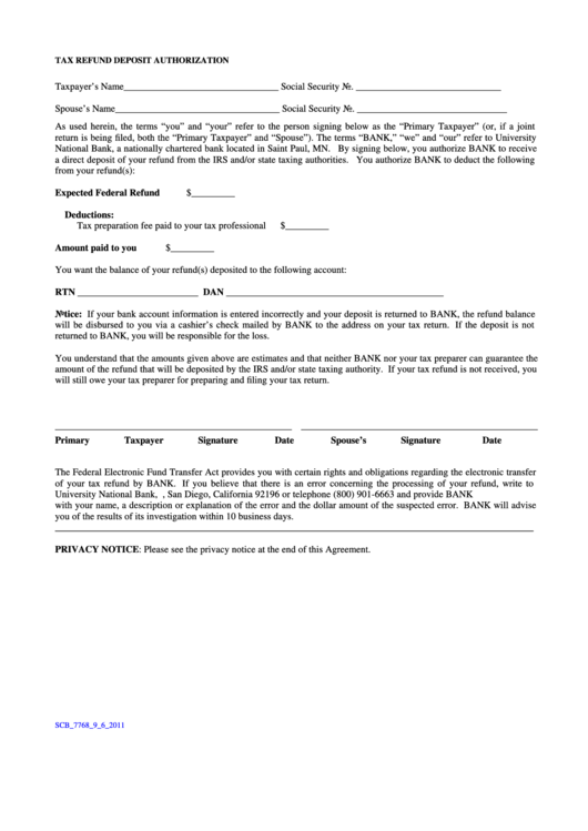 Tax Refund Deposit Authorization, University National Bank Privacy Notice Printable pdf