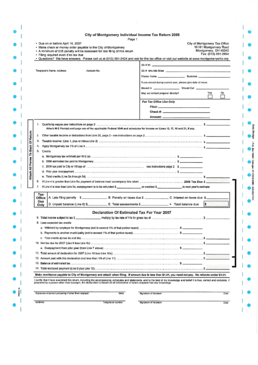 Individual Income Tax Return Form - City Of Montgomery, 2006 Printable pdf