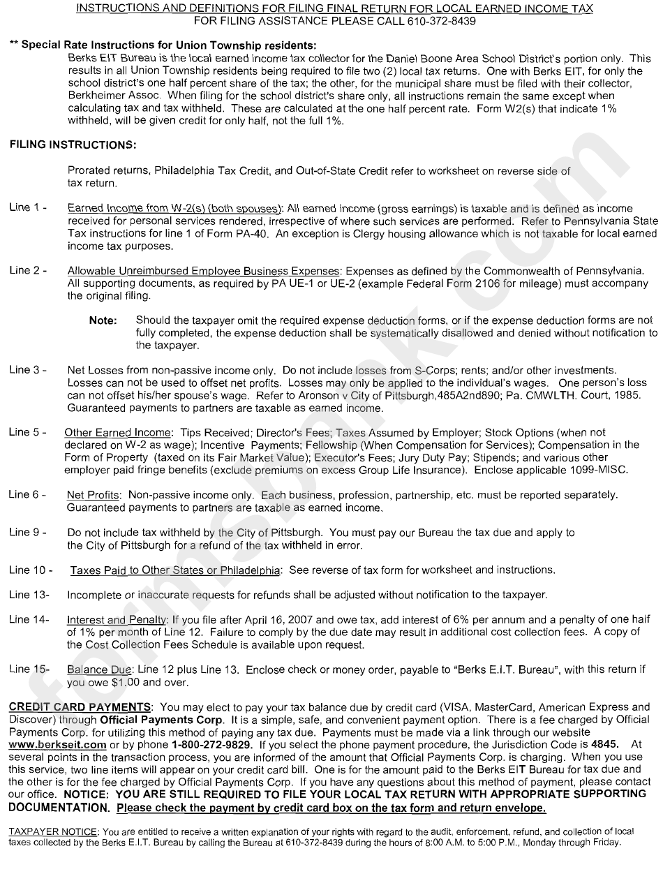 Instructions And Definitions For Filing Final Return Of Local Earned Income Tax - 2006