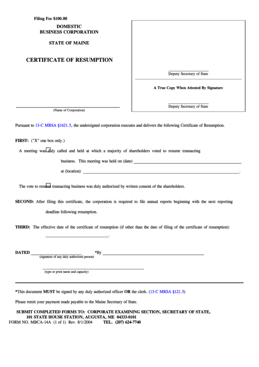 Fillable Form Mbca-14a - Domestic Business Corporation Certificate Of Resumption - 2004 Printable pdf