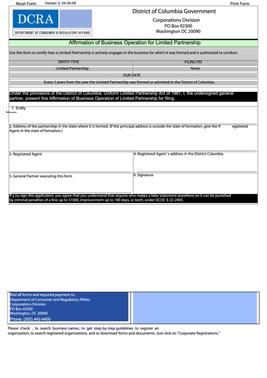 Fillable Affirmation Of Business Operation For Limited Partnership - District Of Columbia Government Printable pdf