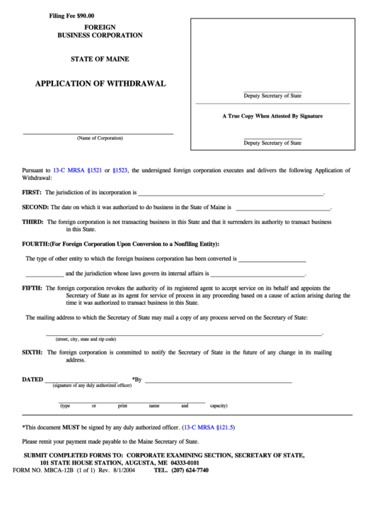 Fillable Form Mbca-12b - Foreign Business Corporation Application Of Withdrawal - 2004 Printable pdf
