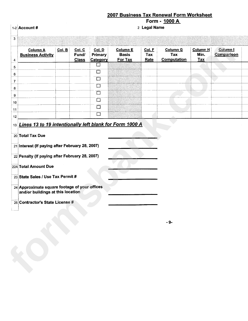 Form 1000a - Business Tax Renewal Form - 2007