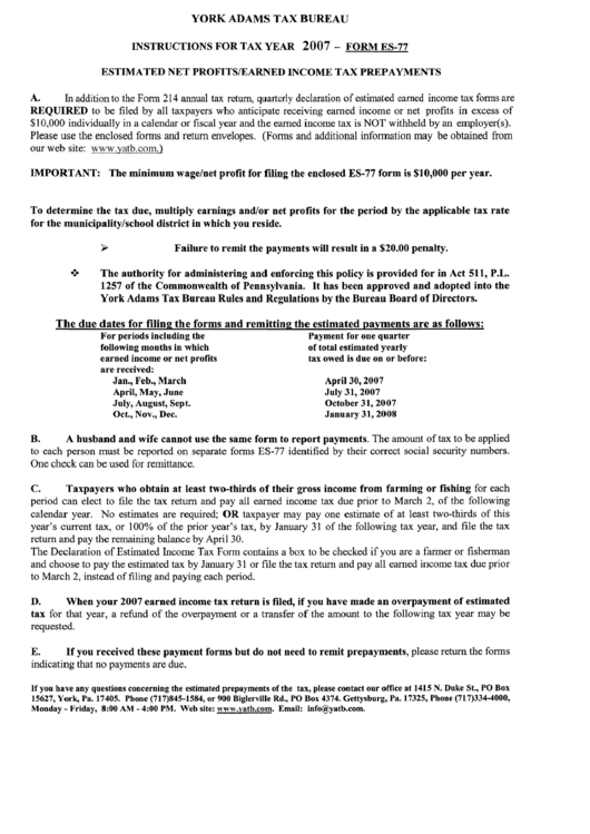 Form Es-77 Instructions - Estimated Net Profits/earned Income Tax Prepayments - 2007 Printable pdf