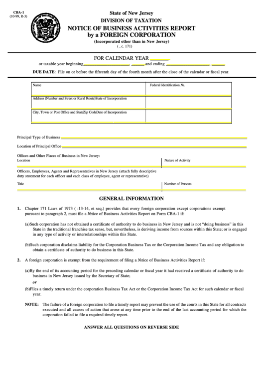 Form Cba-1 - Notice Of Business Activities Report By A Foreign Corporation - New Jersey Division Of Taxation Printable pdf