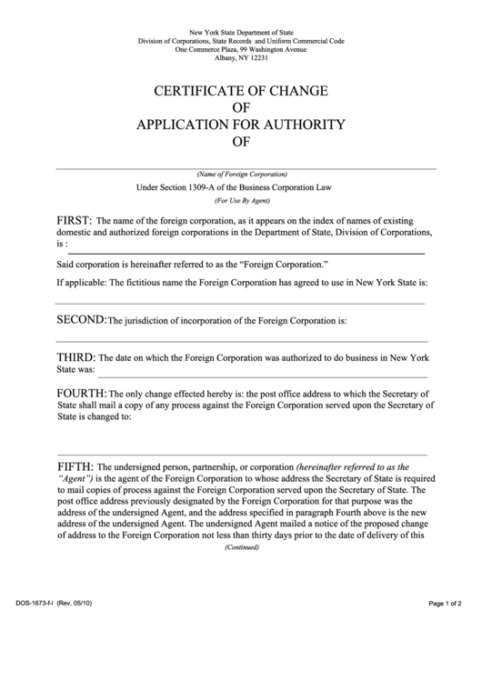 Fillable Form Dos-1673-F-L - Certificate Of Change Of Application For Authority Of ___ - New York Division Of Corporations Printable pdf