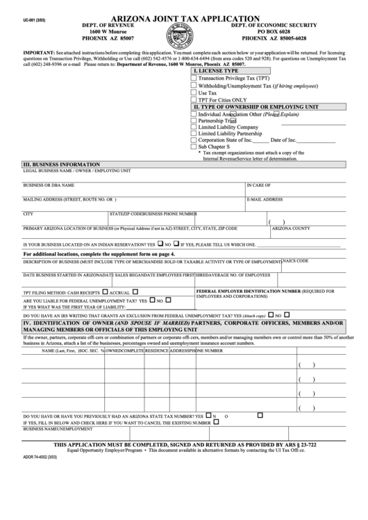 Fillable Form Ador 74-4002 - Arizona Joint Tax Application Printable pdf