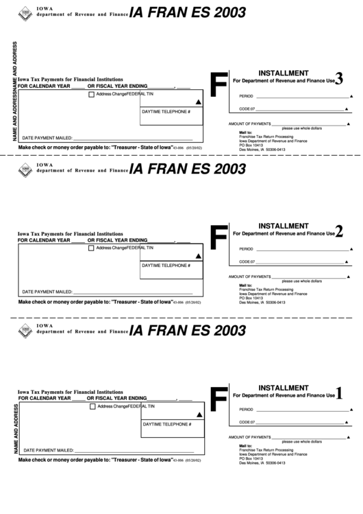 Form Ia Fran Es - Iowa Tax Payments For Financial Institutions - 2003 Printable pdf
