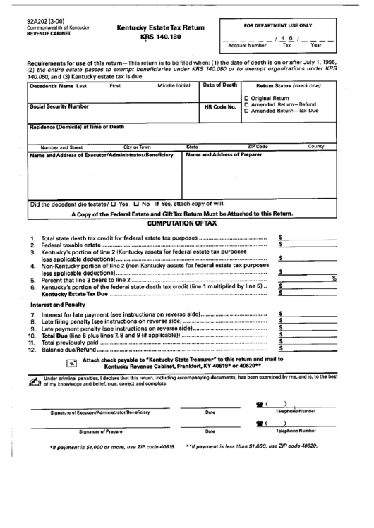 Form 92a202 - Kentucky Estate Tax Form Printable pdf