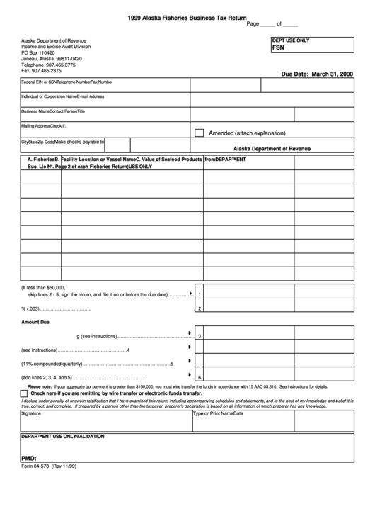 Form 04-578 - Alaska Fisheries Business Tax Return - 1999 Printable pdf