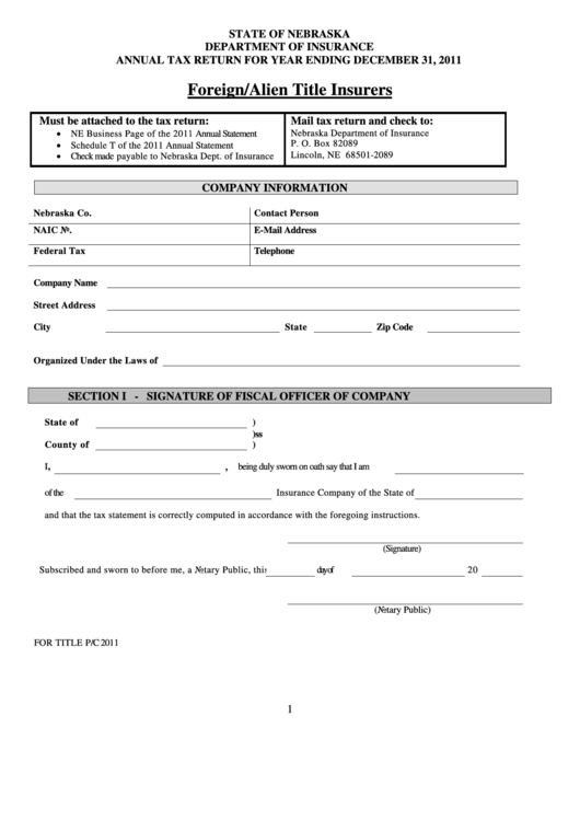 Annual Tax Return - Nebraska Department Of Insurance - 2011 Printable pdf