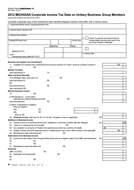 Form 4897 - Michigan Corporate Income Tax Data On Unitary Business Group Members - 2012 Printable pdf