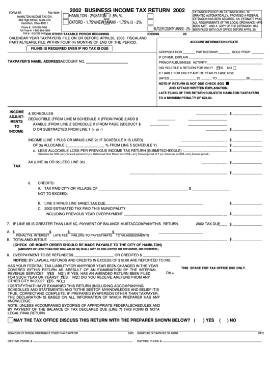 Form Br - Business Income Tax Return - 2002 Printable pdf