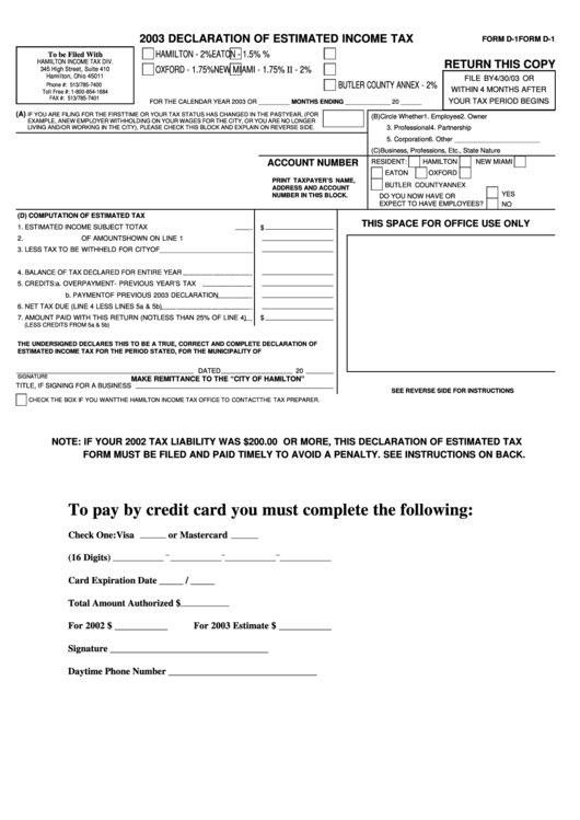 Form D-1 - Declaration Of Estimated Income Tax - 2003 Printable pdf