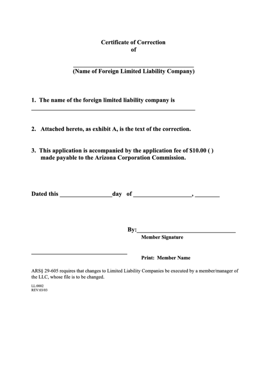 Form Ll:0002 - Certificate Of Correction Of Foreign Limited Liability Company - Arizona Corporation Commission Printable pdf
