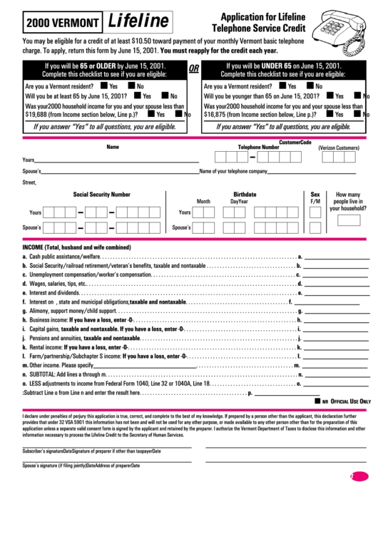 Application For Lifeline Telephone Service Credit - Vermont - 2000 Printable pdf