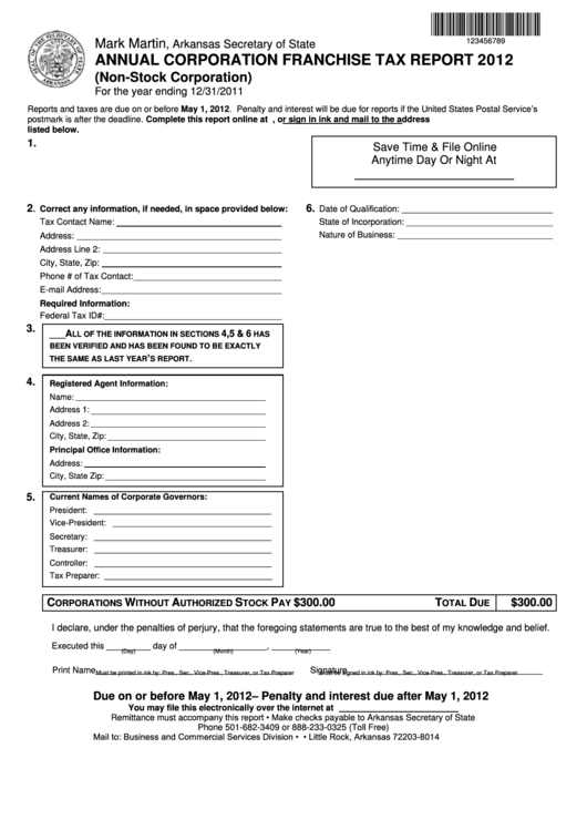 Annual Corporation Franchise Tax Report 2012 (Non-Stock Corporation) Form Printable pdf