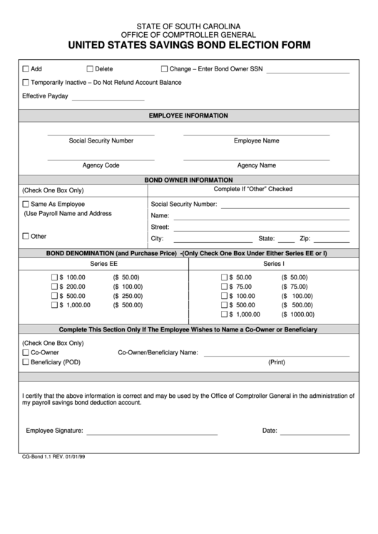 United States Savings Bond Election Form - South Carolina Office Of Comptroller General Printable pdf