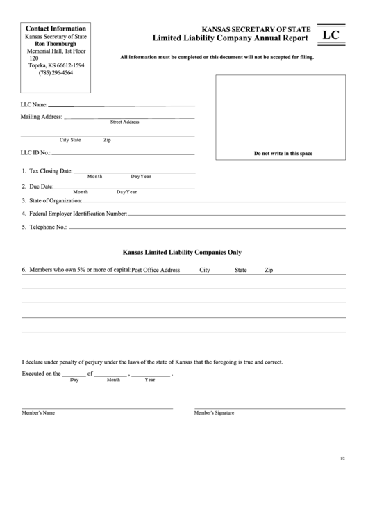 Limited Liability Company Annual Report - Kansas Secretary Of State Printable pdf