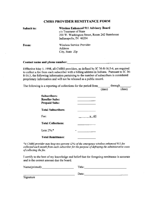 Cmrs Provider Remittance Form - Indiana Wireless Enhanced 911 Advisory Board Printable pdf