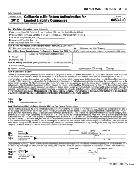 Form 8453-Llc - California E-File Return Authorization For Limited Liability Companies - 2012 Printable pdf