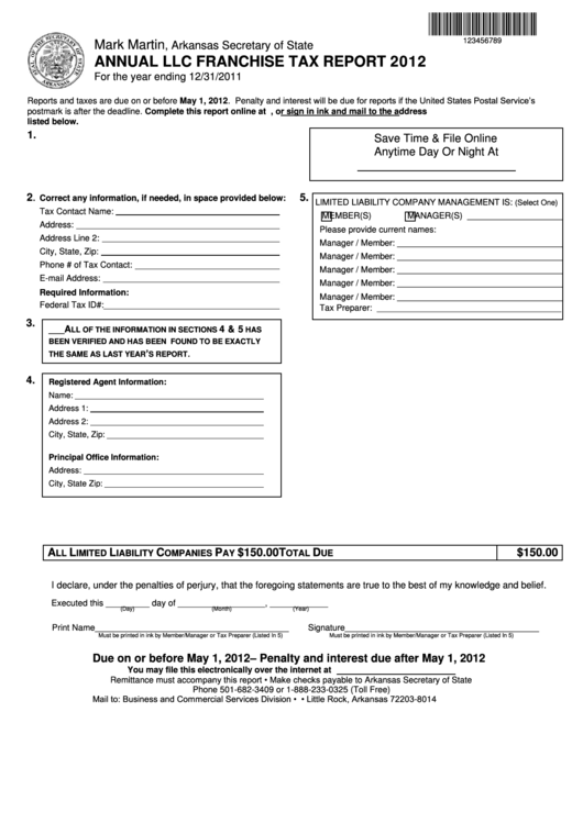Annual Llc Franchise Tax Report Form - Arkansas Secretary Of State - 2012