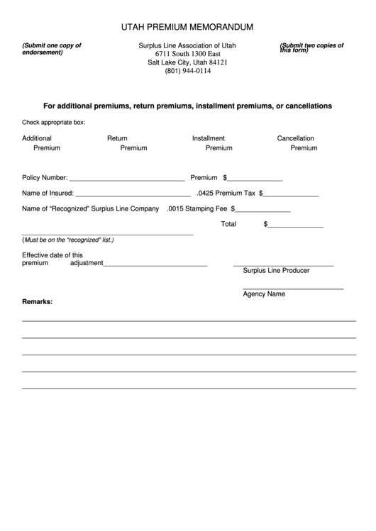 Utah Premium Memorandum Printable pdf
