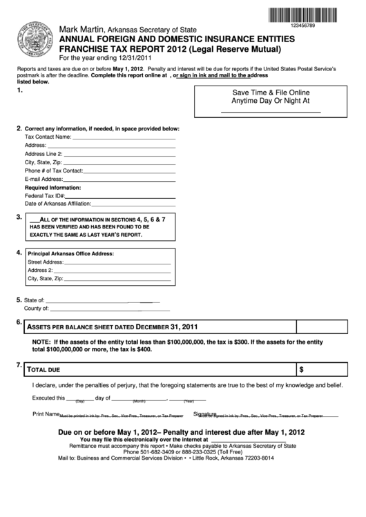 Annual Foreign And Domestic Insurance Entities Franchise Tax Report 2012 (Legal Reserve Mutual) Form Printable pdf