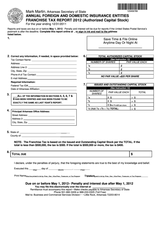 Annual Foreign And Domestic Insurance Entities Franchise Tax Report 2012 (Authorized Capital Stock) Form Printable pdf