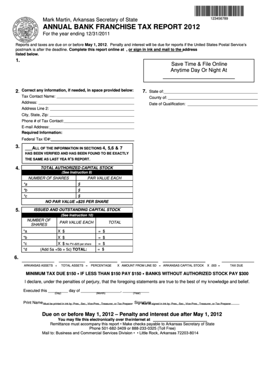 Annual Bank Franchise Tax Report - Arkansas Secretary Of State - 2012 Printable pdf