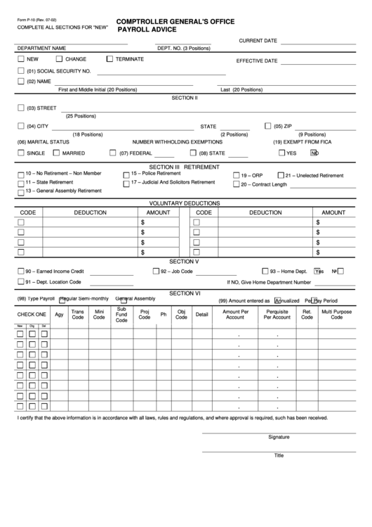 Form P-10 - Payroll Advice - South Carolina Comptroller General
