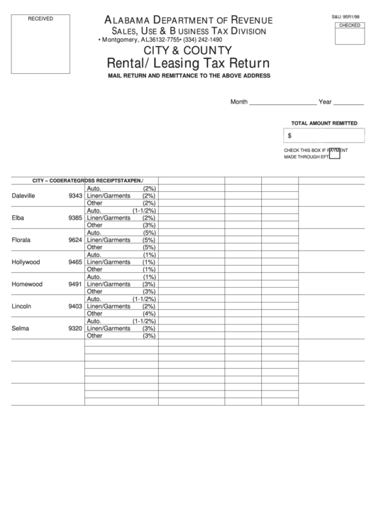 Fillable Form S&u: 95r - City & County Rental/leasing Tax Return Printable pdf