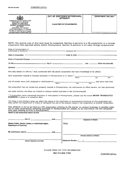 Form Rev-238 Cm - Out Of Existence/withdrawal Affidavit printable pdf ...