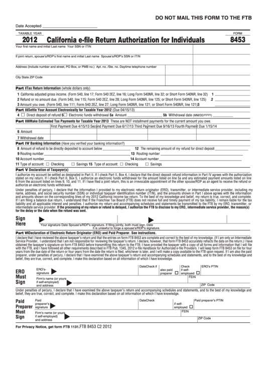 Form 8453 - California E-File Return Authorization For Individuals - 2012 Printable pdf